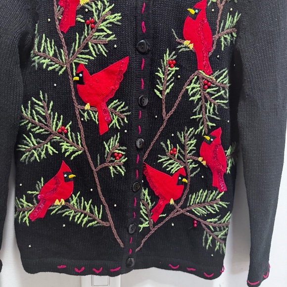 Vintage 1990s Knit Bird Pine Tree Graphic Cardigan Sweater Button Up Size Small - Picture 5 of 16